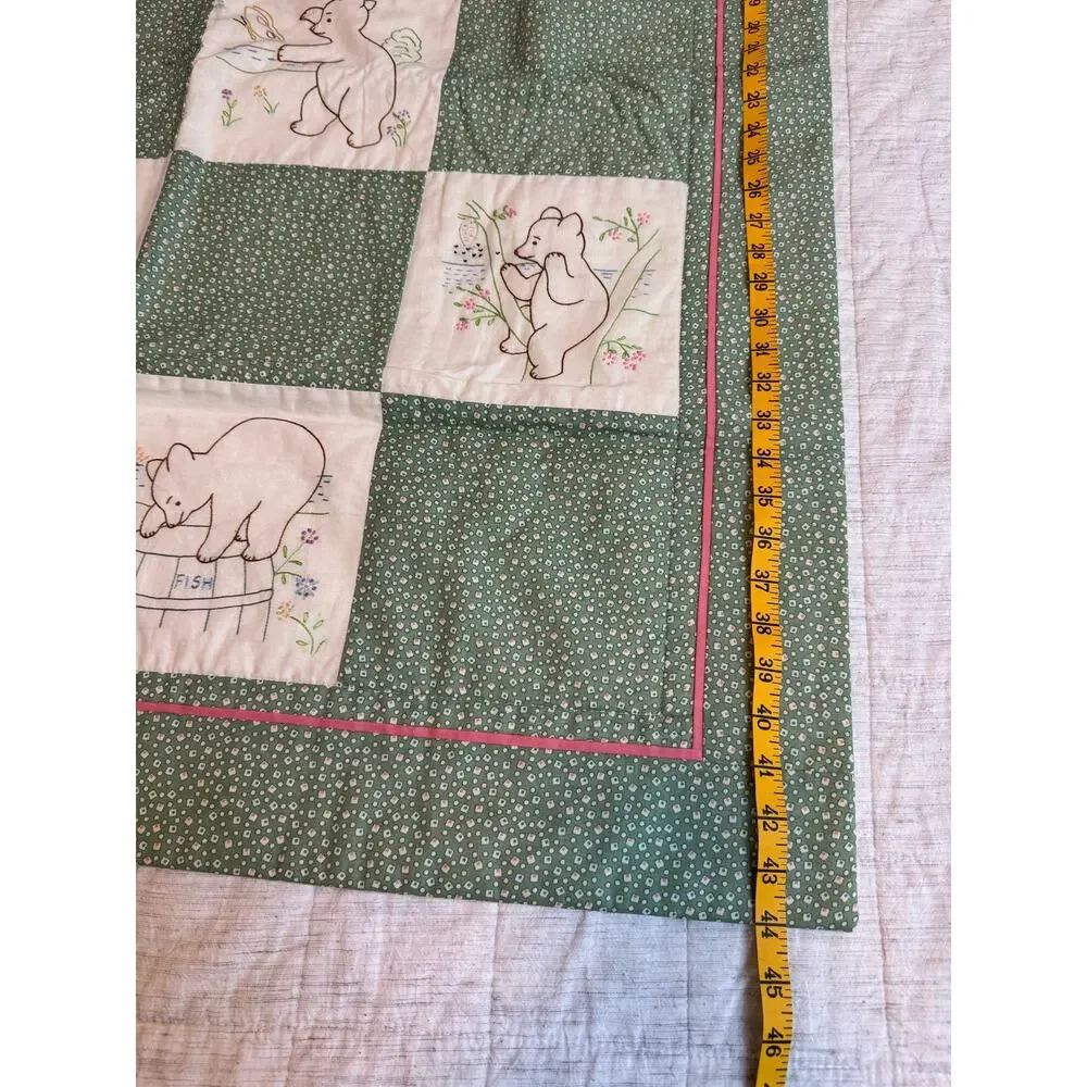 Handmade VTG Green & White Baby Crib Quilt Nursery Blanket Embroidered Bears